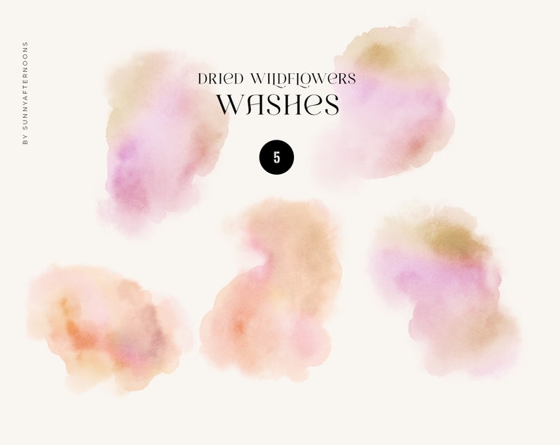 Puede incluir: Cinco lavados de acuarela en tonos rosa, melocot&oacute;n y dorado. Los lavados son abstractos y de forma org&aacute;nica. El texto "Dried Wildflowers Washes" y el n&uacute;mero "5" son visibles en la imagen.