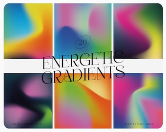 May include: A set of 20 vibrant, colorful gradient backgrounds. The gradients are described as "Energetic Gradients" and "Grainy Gradients". The text "Inspired by Vibes" is also included.