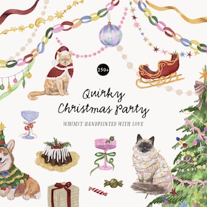 Op de afbeelding: Waterverfillustratie met een eigenzinnig kerstthema. Bevat een versierde kerstboom, een corgi in een trui, katten met kerstmutsen, een slee en feestelijke versieringen. De tekst luidt "Quirky Christmas Party."