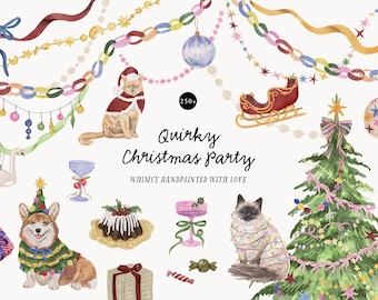 Whimsical Quirky Christmas Party Clipart - Hand-Drawn festive watercolor doodles - Playful icons for holiday invites