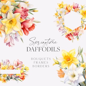 May include: Watercolor illustrations of bouquets, frames, and borders featuring yellow daffodils, pink and red tulips, and green foliage. The text "Springtime Daffodils" and "Bouquets Frames Borders" is included in the image.