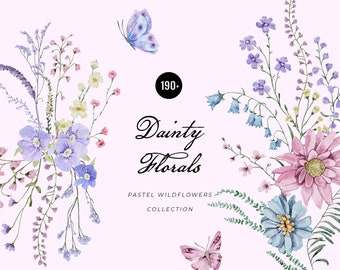 Puede incluir: Ilustración en acuarela con flores silvestres y mariposas en tonos pastel. La imagen incluye flores en tonos morado, rosa y azul, con el texto "Dainty Florals" y "Pastel Wildflowers Collection".