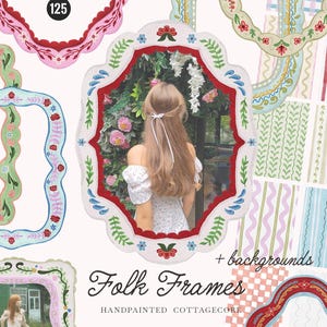 May include: A collection of hand-painted "Folk Frames" in various shapes and colors, including pink, green, blue, and red. The frames have floral and leaf patterns, with the text "+ backgrounds" and "Handpainted Cottagecore".