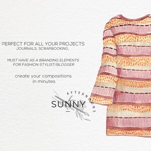 Puede incluir: Ilustraci&oacute;n de acuarela de un vestido a rayas en una gama de colores melocot&oacute;n, naranja y blanco. El vestido tiene un corte holgado y un escote redondo. El texto "SUNNY AFTERNOONS" est&aacute; escrito en una fuente manuscrita.