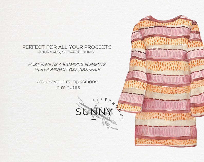 Puede incluir: Ilustraci&oacute;n de acuarela de un vestido a rayas en una gama de colores melocot&oacute;n, naranja y blanco. El vestido tiene un corte holgado y un escote redondo. El texto "SUNNY AFTERNOONS" est&aacute; escrito en una fuente manuscrita.
