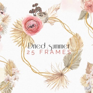 Aquarelle Boho Floral Frames clipart, fleurs boho et feuilles de palmier séchées, cadre aquarelle Boho, orchidée rose clipart, invitation de mariage PNG