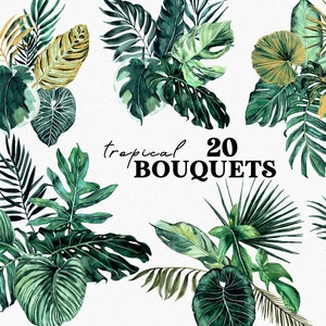 Tropische weelderige aquarel boeketten clipart, exotische jungle bladeren, goud groen botanische bruiloft uitnodiging, tropisch blad, monstera palmblad