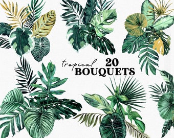 Tropical Lush Watercolor Bouquets clipart,Exotic Jungle leaves, gold greenery botanical wedding invitation,Tropical leaf,Monstera palm leaf