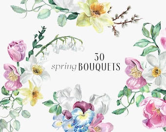 PRIMAVERA Essentials Buquês aquarela pastel arranjos florais narcisos tulipas jacintos narciso clipart lírios do vale PNG