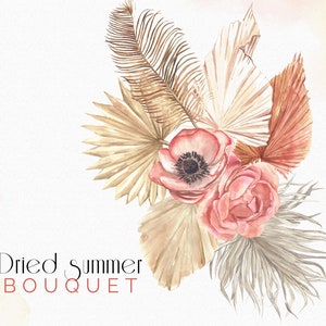 Aquarelle Boho Floral Bouquet clipart, boho fleurs et feuilles de palmier séchées, Boho aquarelle bouquet, clipart rose, invitation de mariage PNG