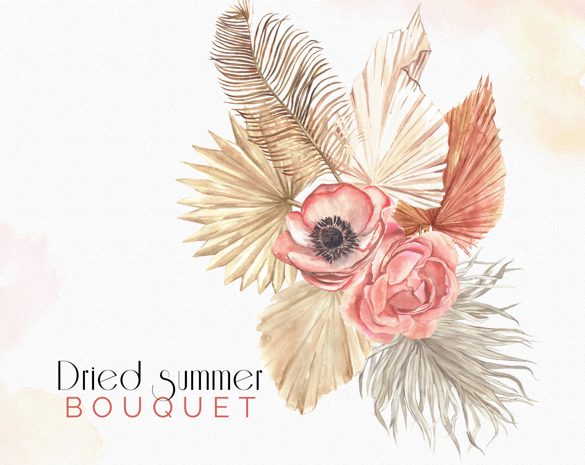 Watercolor Boho Floral Bouquet Clipart, Boho Flowers and Dried Palm Leaves, Bohemian  Watercolor Bouquet, Rose Clipart, Wedding Invite PNG - Etsy