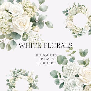 Clipart di fiori bianchi ad acquerello - Bouquet di rose bianche e ortensie PNG - Elegante clipart floreale per uso commerciale - inviti di nozze