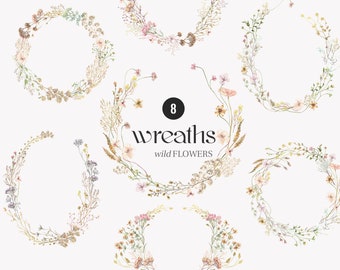 Midsummer Wild field Wreaths Watercolor Wildflower clipart, Delicate flower frame, Summer meadow wreath floral wedding invite logo card PNG