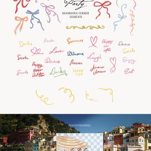 Puede incluir: Ilustraciones en acuarela con cintas, lazos y elementos decorativos. Incluye frases como "La Dolce Party", "Summer" y "Thank you". La imagen tiene un tema veraniego con un fondo de ciudad costera.