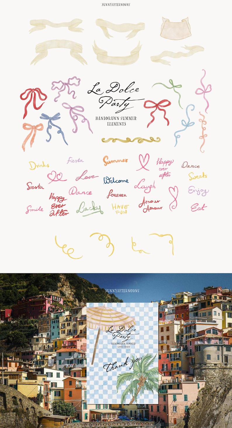 Puede incluir: Ilustraciones en acuarela con cintas, lazos y elementos decorativos. Incluye frases como "La Dolce Party", "Summer" y "Thank you". La imagen tiene un tema veraniego con un fondo de ciudad costera.