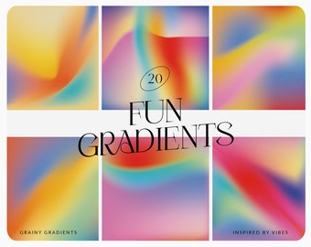May include: A set of six colorful gradient backgrounds with the text "20 FUN GRADIENTS" and the words "Grainy Gradients" and "Inspired by Vibes" at the bottom of the image.