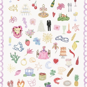 Puede incluir: Ilustraciones en acuarela de varios elementos de verano y fiesta, incluyendo un vestido de novia, pastel, botella de champ&aacute;n y un perro con un lazo rosa. Tambi&eacute;n est&aacute; presente el texto "La Dolce Party".