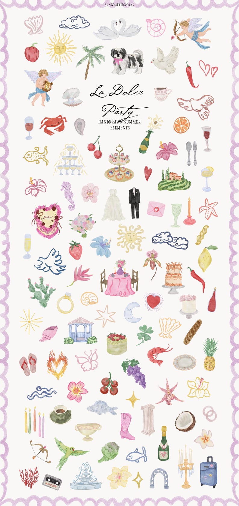 Puede incluir: Ilustraciones en acuarela de varios elementos de verano y fiesta, incluyendo un vestido de novia, pastel, botella de champ&aacute;n y un perro con un lazo rosa. Tambi&eacute;n est&aacute; presente el texto "La Dolce Party".