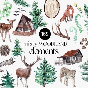 Watercolor Forest Digital Clipart, Forest animals elements, Misty Woodland Trees, Deer antlers, animals tracks,mountain houses wolf bear PNG