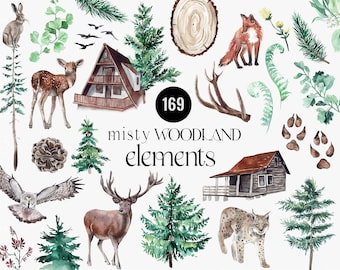 Watercolor Forest Digital Clipart, Forest animals elements, Misty Woodland Trees, Deer antlers, animals tracks,mountain houses wolf bear PNG