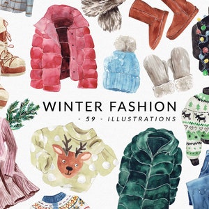 WINTER Fashion aquarel outfits collectie voor blog, tijdschrift, essentials, winterkleding, truien, laarzen, jassen, clipart digitale PNG