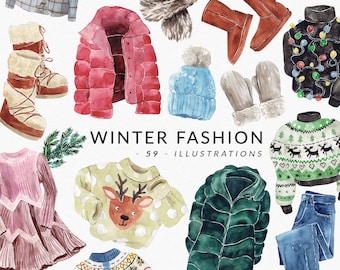 May include: A collection of 59 watercolor illustrations of winter fashion items, including sweaters, jackets, hats, boots, and mittens. The illustrations are in various colors, including red, blue, green, and brown.
