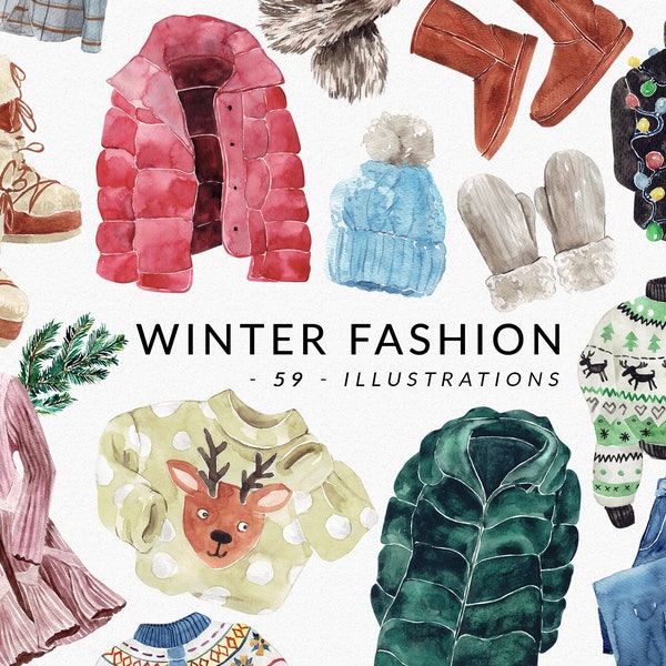 WINTER Fashion Watercolor outfits Collection for blog, magazine, essentials, wintertime clothes, sweaters boots jackets Clipart digital PNG