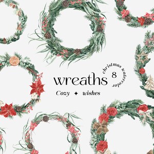 Cozy Winter Wreaths Watercolor Clipart natural Christmas decor holidays frame, wintery wreath greenery roses poinsettia PNG