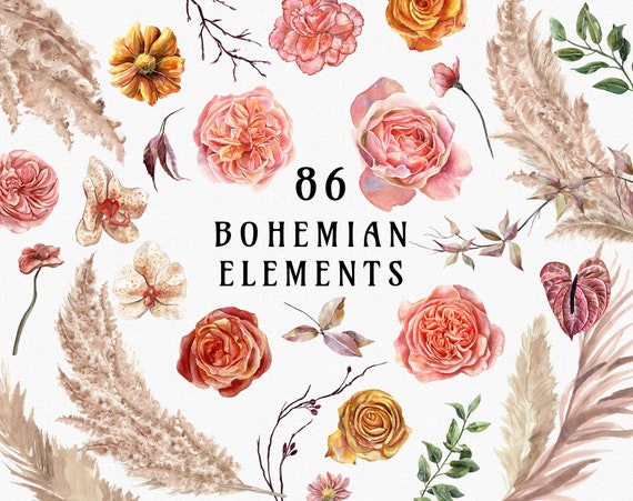 Bohemian Bloom Pampas Grass clipart, boho dried palm leaves, floral watercolor roses, neutral elements, dried flowers digital PNG