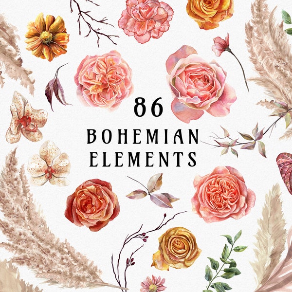 Bohemian Bloom Pampas Grass clipart, boho dried palm leaves, floral watercolor roses, neutral elements, dried flowers digital PNG