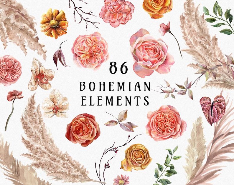 Bohemian Bloom Pampas Grass clipart, boho dried palm leaves, floral watercolor roses, neutral elements, dried flowers digital PNG image 1