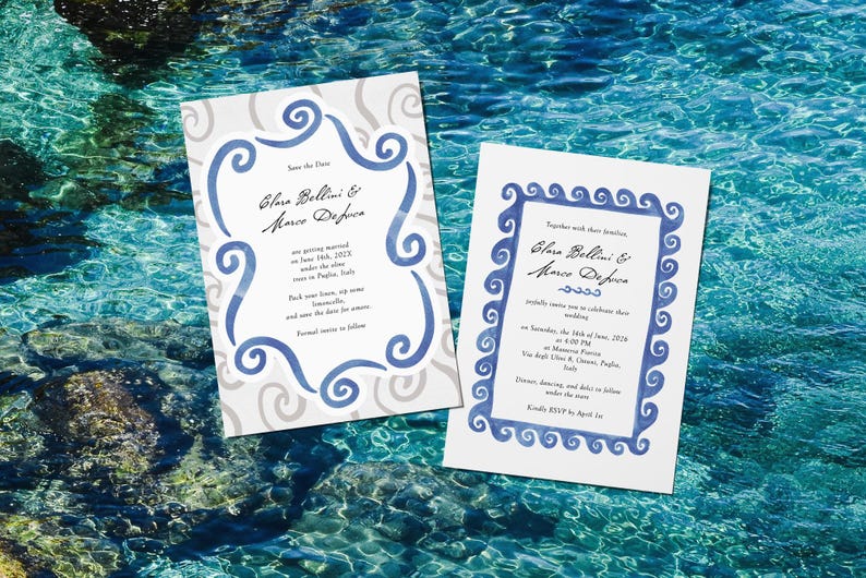 May include: Two wedding invitation cards with blue and gray watercolor designs. The cards feature elegant calligraphy and decorative borders. The background is a vibrant blue water scene.