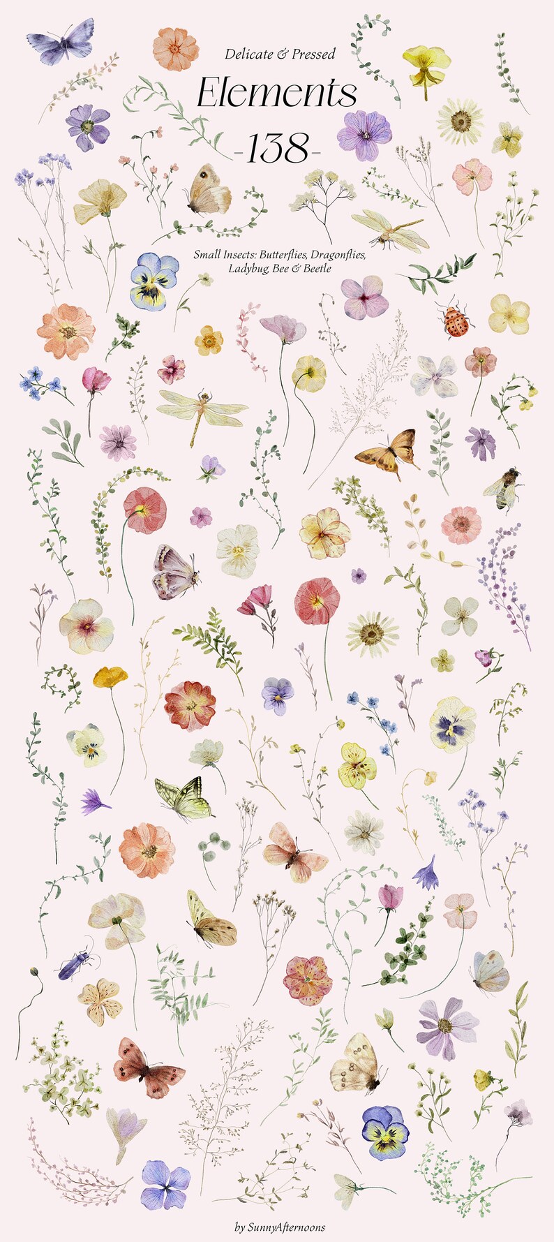 May include: A collection of 138 delicate pressed flowers and insects, including butterflies, dragonflies, and a ladybug. The elements are arranged on a white background and are perfect for crafting or scrapbooking.