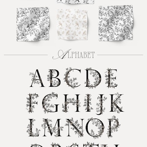 May include: Black and white floral alphabet and numbers with a leafy design. The letters and numbers are surrounded by a wreath of leaves and flowers. The alphabet and numbers are in a vintage style.