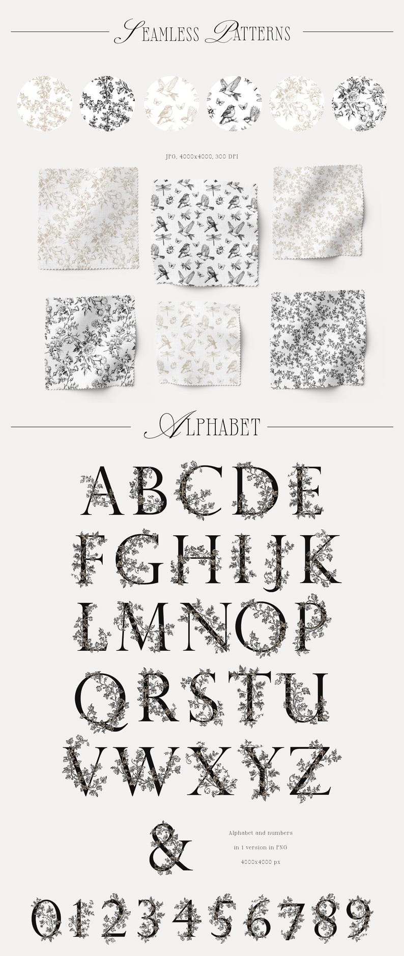 May include: Black and white floral alphabet and numbers with a leafy design. The letters and numbers are surrounded by a wreath of leaves and flowers. The alphabet and numbers are in a vintage style.