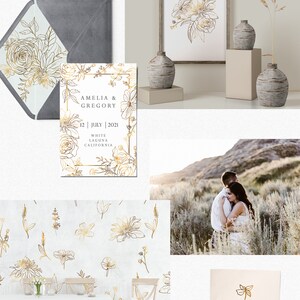 May include: A set of wedding stationery with a gold floral design. The invitation features the names Amelia & Gregory, the date 12 July 2021, and the location White Laguna California. The thank you card features a gold floral design with the text "Thank You".
