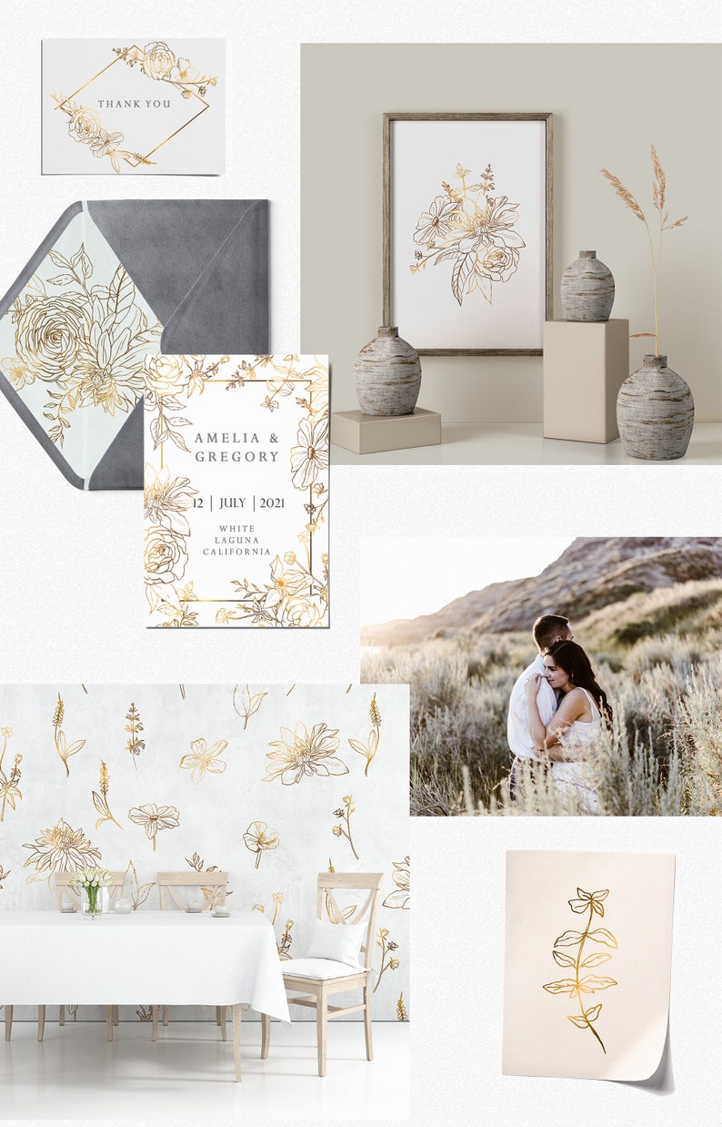 May include: A set of wedding stationery with a gold floral design. The invitation features the names Amelia & Gregory, the date 12 July 2021, and the location White Laguna California. The thank you card features a gold floral design with the text "Thank You".