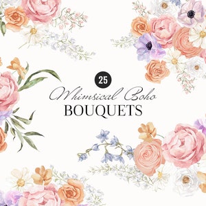 Whimsical Boho Watercolor Pastel Bouquets Floral clipart, light airy flowers, Bohemian delicate bouquet blush rose Wedding invitation