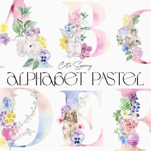 Lindo alfabeto de acuarela de primavera flores pastel pensamientos, tulipanes, letras y números de Pascua, conejitos y huevos de Pascua, imágenes prediseñadas de monograma de primavera