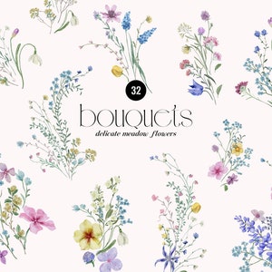 Clipart floreale di fiori selvatici dell'acquerello Wild Florals, delicati fiori di campo pressati, piccoli mazzi di fiori morbidi, invito a nozze PNG