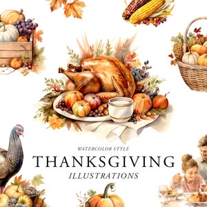 Clipart del Ringraziamento dell'acquerello, cena del Ringraziamento della Turchia, clipart del cesto del raccolto, decorazione autunnale dell'acquerello, cena in famiglia, cornucopia