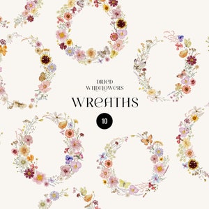 Clipart aquarelle de couronnes de fleurs sauvages séchées, couronne de fleurs sauvages pressées délicates, invitation de mariage couronne de fleurs des champs Summer Meadow