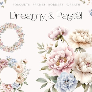Verträumte Pastell Blumen Aquarell Clipart - Pastell Pfingstrosen Rosen Bouquets, Rahmen, Ränder - Rosa Creme Blau Hochzeitseinladung Kranz