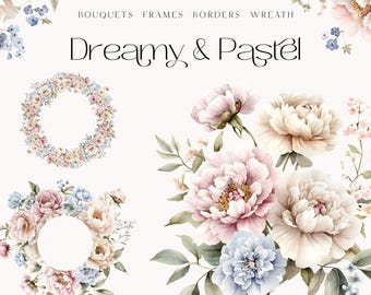 Dreamy Pastel Flowers Watercolor Clipart - Pastel Peonies roses Bouquets, Frames, Borders - Pink Cream Blue Wedding Invitation Wreath