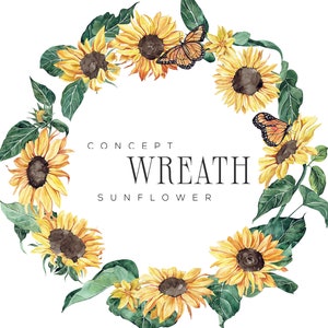 Concept: Sunflower Frame watercolor clipart, Sunflower wedding invitation, single wreath summer fall clipart, frames sunflowers PNG