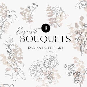 Fine Art botanische Clipart, Vintage Blumenstrauß Illustration, graphit Rosen Hochzeit Sträuße, handgezeichnete abstrakte Blumen Linie Kunst Skizzen