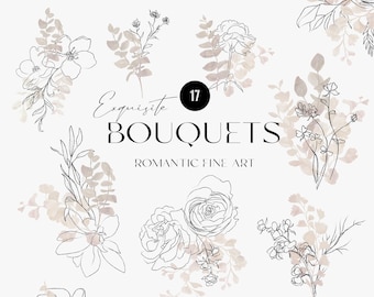 Fine art botanical clipart, vintage floral bouquet illustration,graphite roses wedding bouquets,hand drawn abstract flower line art sketches