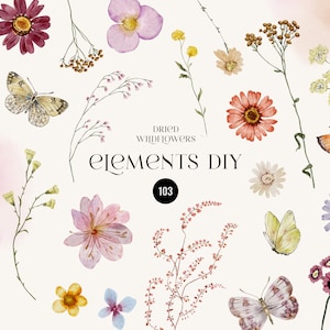 Puede incluir: Una colecci&oacute;n de flores silvestres secas y mariposas, incluyendo flores moradas, rosas, amarillas y naranjas, y mariposas blancas y marrones. El texto "Dried Wildflowers Elements DIY 103" est&aacute; en el centro de la imagen.