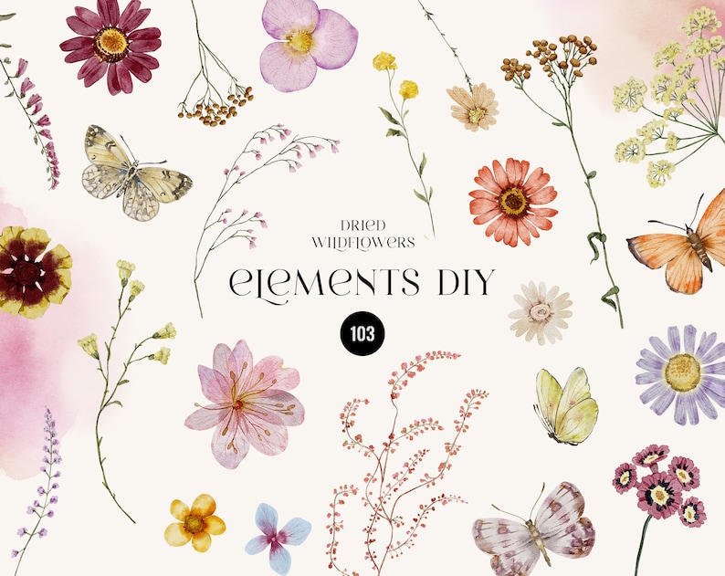 Puede incluir: Una colecci&oacute;n de flores silvestres secas y mariposas, incluyendo flores moradas, rosas, amarillas y naranjas, y mariposas blancas y marrones. El texto "Dried Wildflowers Elements DIY 103" est&aacute; en el centro de la imagen.
