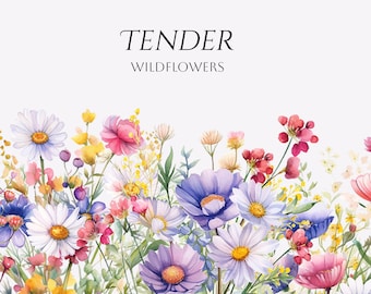 May include: A watercolor illustration of a bouquet of wildflowers in shades of pink, purple, white, and yellow. The flowers are arranged in a border at the bottom of the image. The text "TENDER WILDFLOWERS" is centered above the flowers.